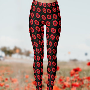Red Poppy Flower Pattern Floral Leggings