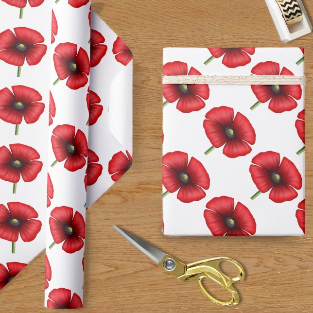 Red Poppy Flower Pattern on White Wrapping Paper (Pretty poppy wrapping paper just for you)
