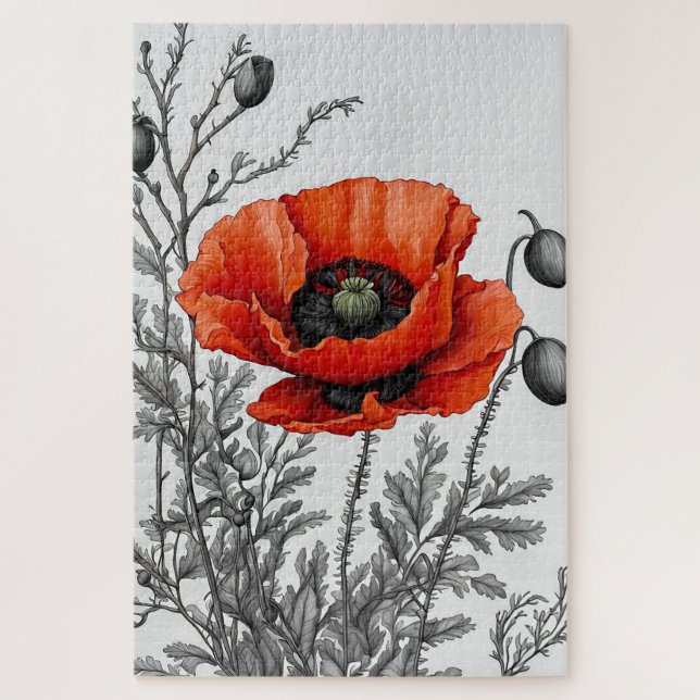 red poppy flower petals bloom seed pods plant jigsaw puzzle (Vertical)