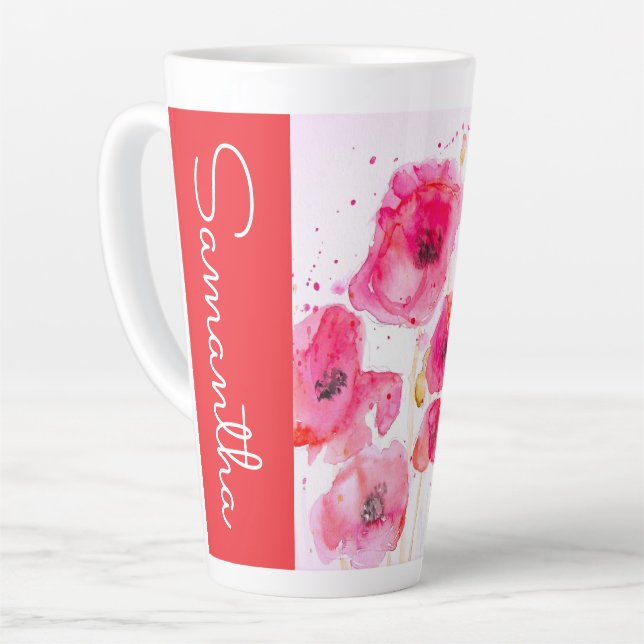 Red Poppy Flower Watercolor Womans Name Latte Mug (Left Angle)