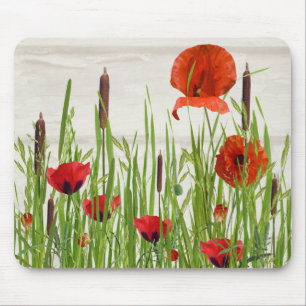 red poppy flower with cattails mouse pad