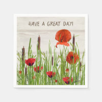 red poppy flowers and cattails