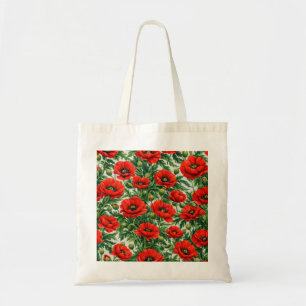 Red Poppy Flowers and Green Foliage Botanical Tote Bag