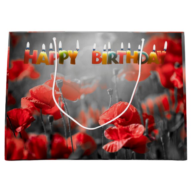 Red Poppy Flowers and Happy Birthday Candles   Large Gift Bag (Front)