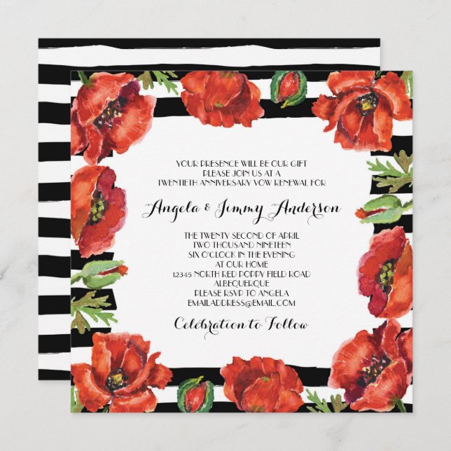 Red Poppy Flowers Black Striped Vow Renewal Invitation (Front/Back)