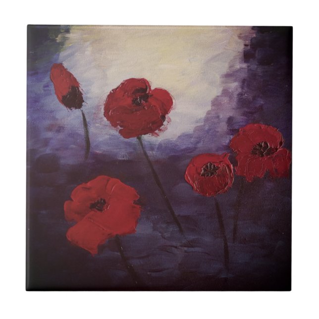 Red Poppy Flowers Blossom Art Tile (Front)