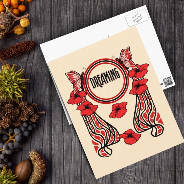 Red Poppy Flowers Butterfly Abstract Dreaming Postcard (Abstract Design red poppy flowers butterflies on tan postcard.)