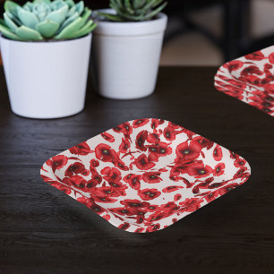 Red Poppy Flowers Cascading Poppies Floral Paper Plate