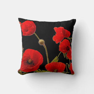 Red Poppy Flowers Colourful Floral Abstract Black Cushion