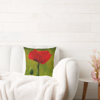 Red Poppy Flowers Colourful Floral Abstract Green Cushion