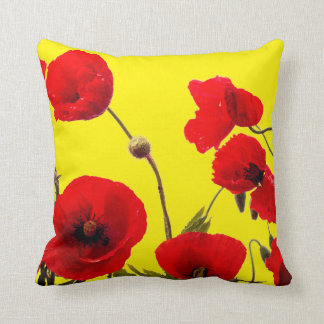 Red Poppy Flowers Colourful Floral Abstract Yellow Cushion
