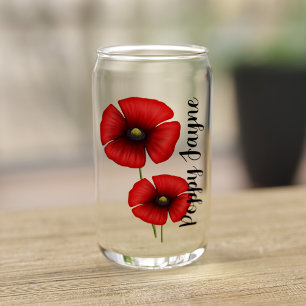 Red Poppy Flowers Custom Name Can Glass
