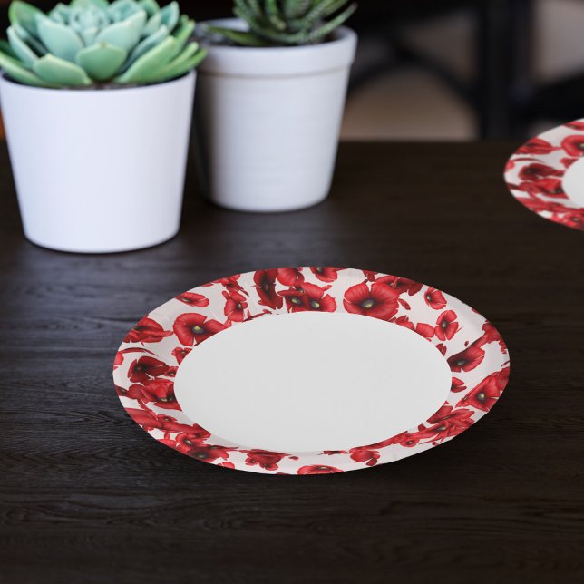 Red Poppy Flowers Edge Paper Plate (Perfect poppy paper plates for your picnics in the park or poppy parties. )