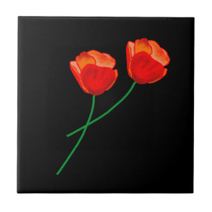 Red Poppy Flowers Extravagant Black Tile
