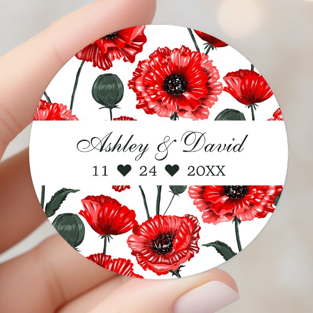 Red Poppy Flowers Floral Personalised Wedding Classic Round Sticker (Creator Uploaded)