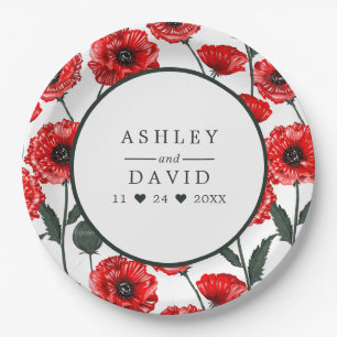 Red Poppy Flowers Floral Personalised Wedding Paper Plate