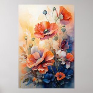 Red Poppy Flowers--Floral Watercolor Botanical Art Poster