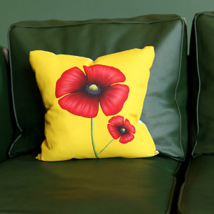 Red Poppy Flowers Golden Yellow Throw Pillow