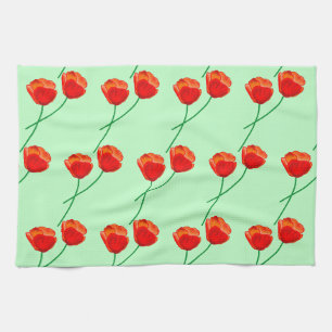 Red Poppy Flowers Heart Pale Green Tea Towel