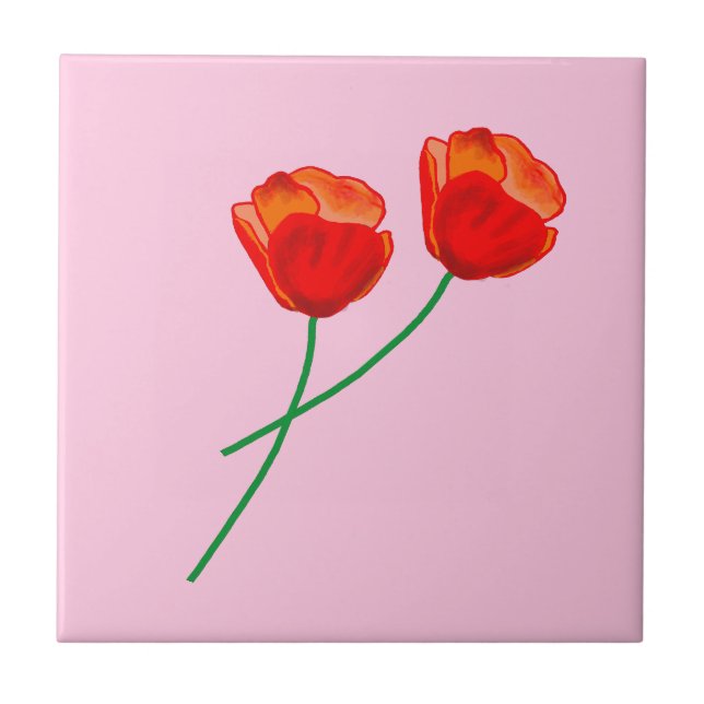 Red Poppy Flowers Heart Pastel Pink Tile (Front)