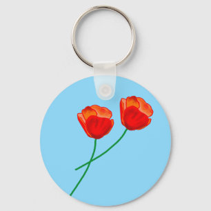 Red Poppy Flowers Heart Sky Blue Key Ring
