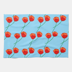 Red Poppy Flowers Heart Sky Blue Tea Towel