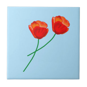 Red Poppy Flowers Heart Sky Pale Blue Tile