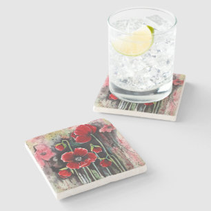 Red Poppy Flowers In Watercolor Stone Coaster