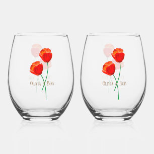 Red Poppy Flowers Lovers Personalised Stemless Wine Glass