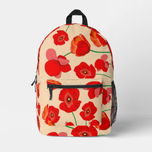 Red Poppy Flowers on Beige Background Illustration Printed Backpack