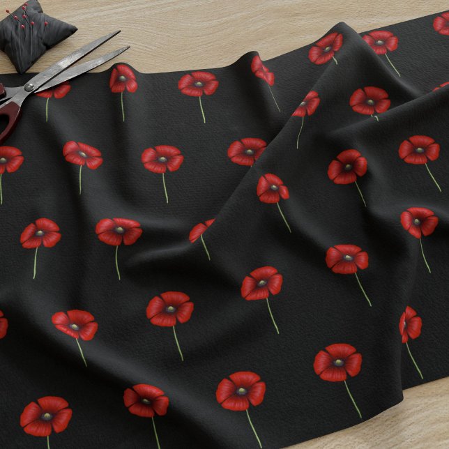 Red Poppy Flowers On Black Fabric (A cute poppy pattern fabric just for you)