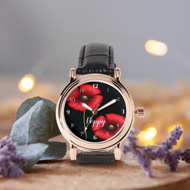 Red Poppy Flowers on Black Personalised Watch (Add your  name to this pretty poppy watch)