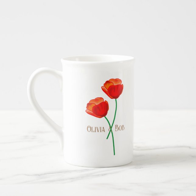 Red Poppy Flowers Personalised Bone China Mug (Left)