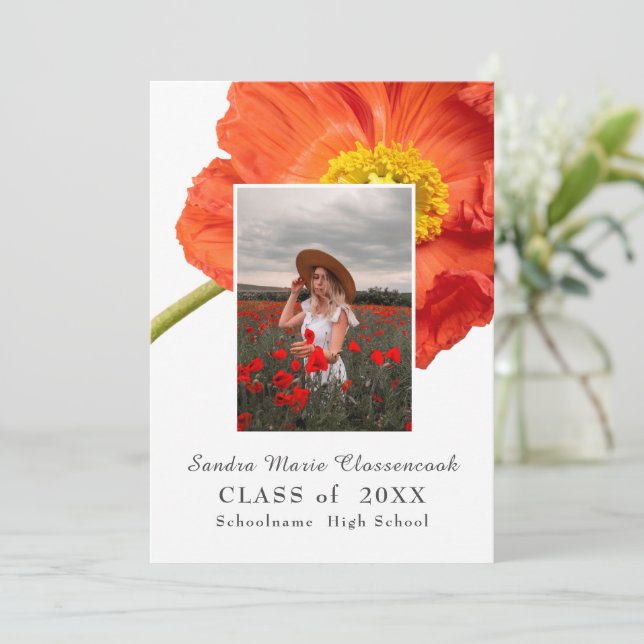 Red Poppy Flowers Photo Frame Modern Graduation  A Announcement (Standing Front)
