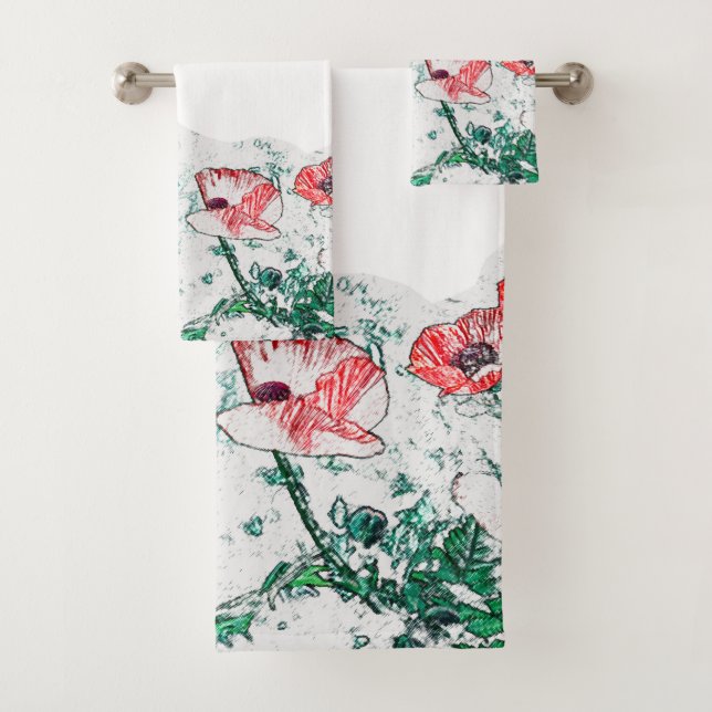 Red Poppy Flowers Poppies Sketch Bath Towel Set (Insitu)
