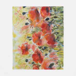 Red poppy flowers, soft watercolor. fleece blanket