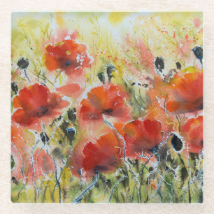 Red poppy flowers, soft watercolor. glass coaster