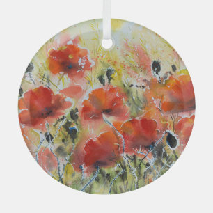 Red poppy flowers, soft watercolor. glass tree decoration