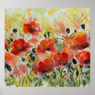 Red poppy flowers, soft watercolor. poster