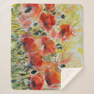 Red poppy flowers, soft watercolor. sherpa blanket