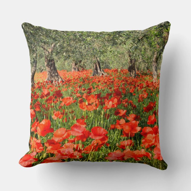 Red poppy flowers under old olive trees cushion (Front)