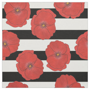 Red Poppy Flowers with Black and White Stripes Fabric