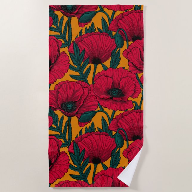 Red poppy garden beach towel (Front)