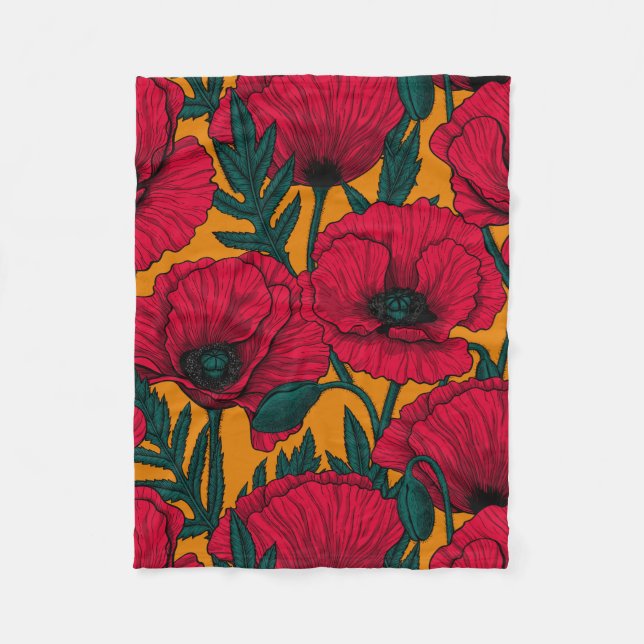 Red poppy garden fleece blanket (Front)