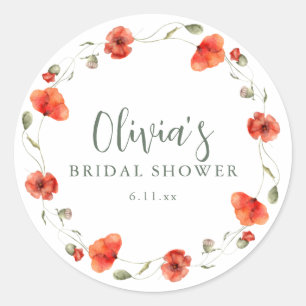 Red Poppy Garden Floral Bridal Shower Wreath Classic Round Sticker