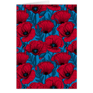 Red poppy garden on blue