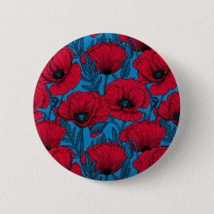 Red poppy garden on blue 6 cm round badge