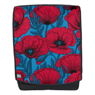 Red poppy garden on blue backpack