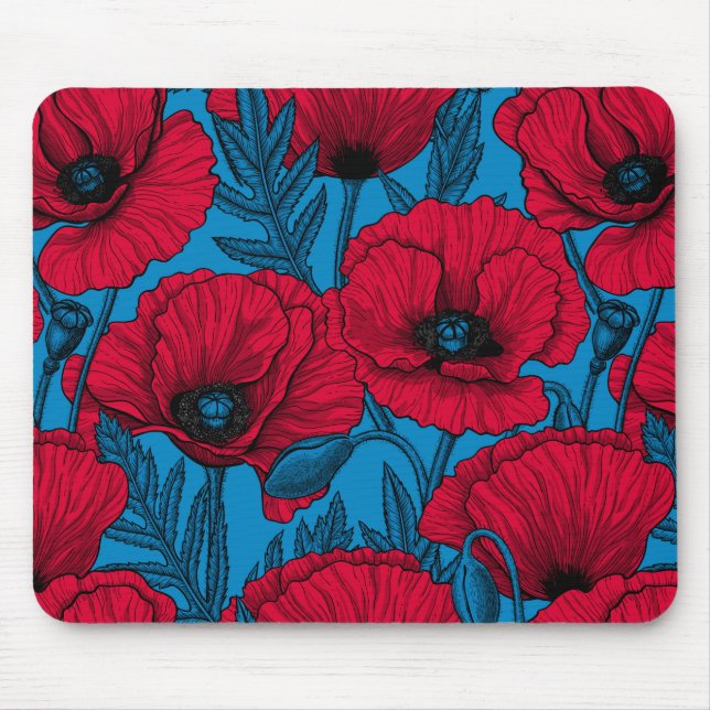 Red poppy garden on blue mouse pad (Front)