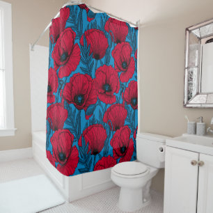 Red poppy garden on blue shower curtain